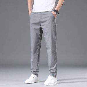 ROMON | Lormen Mens Slim Fit Casual Pants Summer Thin Straight Leg Business Khaki Ice Silk Elastic Long Trousers Fashionable City Style