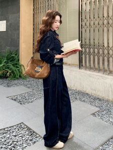 Fashionable Cute Cool Retro Denim One-Piece Pants Womens Wide Leg Pants Blue Harbor Style High Waisted Long Pants for Fall