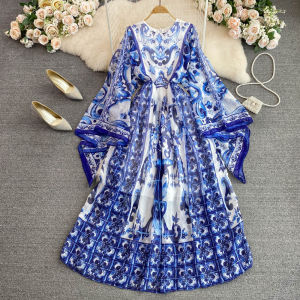 Retro Court Style Necklace Flared Long Sleeve Wide Loose Ceramic Printed A-Line Skirt for Women High Waist Midi Dress