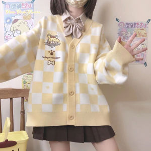 Pom Pom Purin JK Uniform Chessboard Grid Sweater Outwear Cardigan Female Autumn College Style Blue Knitwear Tops Loose