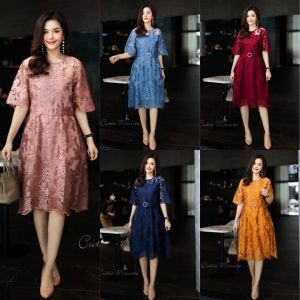 เดรสผ้าลูกไม้ออแกนซ่าเกรดพรีเมี่ยม 5 สี ​ชมพู​ ฟ้า​ เเดงไวน์​ กรม​ เห