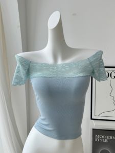 Slim Fit Lace Splice One Shoulder T-Shirt Womens Fashion Casual Pure Color Short Sleeve Chic Hong Kong Style Streetwear