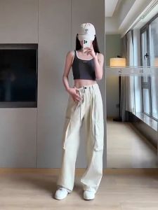 American retro sweet cool spice straight leg casual pants womens new summer high-waisted pink wide-leg cargo pants