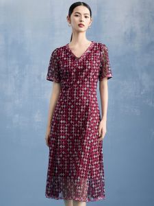 MY TENO | ชุดเดรสยาวปานกลางปักลายแขนสั้นเอวสูงคอวีสีม่วง ชุดทำงานฤดูใบไม้ผลิและฤดูร้อนสำหรับผู้หญิง My Teno