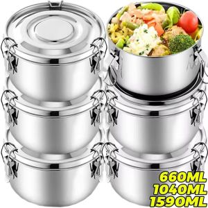 Portable Round Lunch Box with Lid 304 Stainless Steel Food Storage Container Leak-Proof Bento Box for Camping Picnic