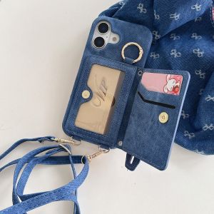 Fashionable Denim Phone Case for Apple 16 Womens Crossbody Wallet Wristband Storage Bag Small Niche High-End Sensation