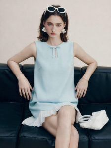 FAMANXUAN | Elegant Style Blue Sleeveless Dress with Bow and Pleated Skirt