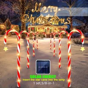 1Set Of 5/8 Solar Christmas Garden Lights Outdoor Waterproof Candy Cane Lights Christmas Decoration Lamp For Lawn Path Festive