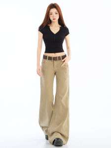 American Retro Khaki Low Waist Flared Jeans Womens Loose Slimming Wide Leg Pants Casual Washed Denim Summer Wear