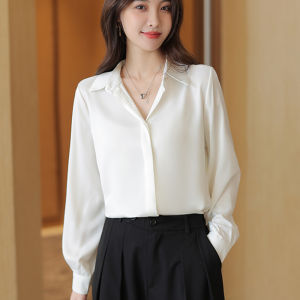 White Formal Shirt Women Long Sleeve Work Uniform Simple Style Government Employee Slim Fit Polo Collar Single Button Closure
