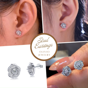 Olivio 925 Sterling Silver In Rhodium Plated Flower and Centre Sparkle Zircon Stud Earrings for Women - Korean Style Floral Earrings