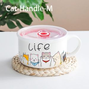 Japanese Cartoon Ceramic Instant Noodle Bowl Household with Handle Leakproof Noodles Soup Bowl School Student Tableware