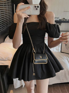 French Collarbone off-Shoulder Abdomen-Control Black Dress Womens Summer Fancy Small Princess Pettiskirt