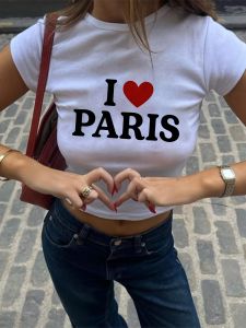 WomenS "I Love Paris" White Crop Top T-Shirt Short Sleeve Harajuku Sleeve Casual Clothing Street Tops Tees Aesthetic Clothes