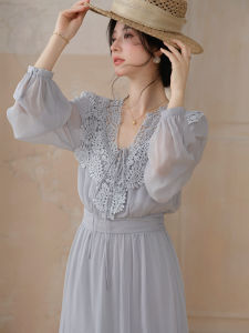 Elegant Lace V-Neck Bell Sleeve Chiffon Maxi Dress