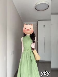 Y6Y | Đầm Dài Không Tay Sọc Xanh Lá Cây Phong Cách Vintage