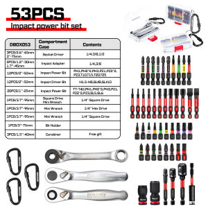 Geinxurn 53PCS Impact Power Bit Set Dual Lock Carabiner Clear PP Storage Case Power Tools Kit for Auto Repair and Home Use