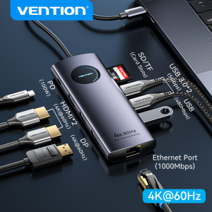 Vention 10 in 1 Type C HUB 4K 60Hz 5Gbps MST Docking Station Dual HDMI Adapter DP USB 3.0 100W PD RJ45 SD TF Card Reader Circular LED for MacBook M1M2 Pro Air iPhone 17 16 15 Pro Max iPad Laptop HUB