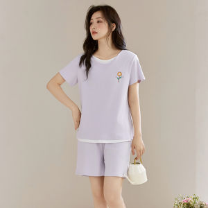 MiiOW | ชุดนอนผู้หญิงผ้าฝ้ายแท้แขนสั้นขาสั้นบางฤดูร้อน ชุดนอนผ้าฝ้ายเนื้อนุ่มสบายๆ สำหรับใส่อยู่บ้านและกลางแจ้ง