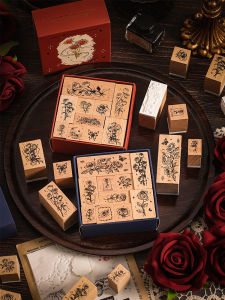 Rose Flower Butterfly English Alphabet Retro Art Texts Journal Combination Set Wooden Seal for Decorations