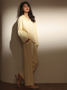 me home wear | 100% Cotton Stripe Long Sleeve Open Front Pajama Set