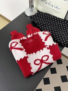 Laid-back Style Christmas New Year Red Autumn Winter Loose Knitted Sweater round Neck Pullover Color Block Plaid with Bow Tie for Women