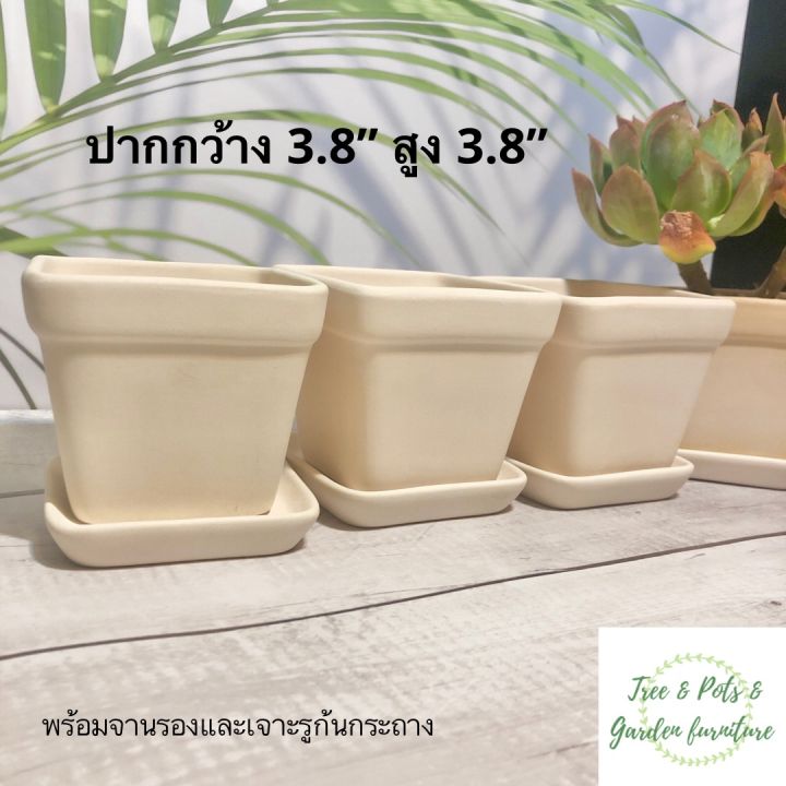 กระถางดินเผามินิมอลตั้งโต๊ะ ขนาด 3.8 นิ้ว พร้อมจานรอง