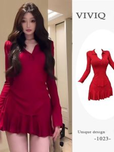 New Year Red Battle Dress Womens Spring Autumn Waist Slimming Halved Collar Dress V-neck Long Sleeve Body Shaping Inner Wear