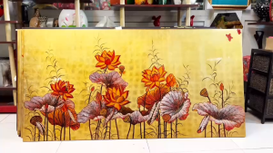 Tranh sơn mài - HOA SEN - Nền dát vàng cao cấp /Size 80x160 cm - Ý Nghĩa / Sang Trọng