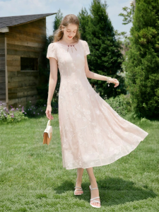 XIANGYING | Pink Fitted Chinese Style Dress Short Sleeve Mid Length