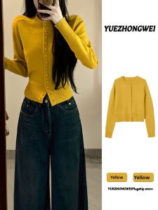 YUEZHONGWEI | New Autumn Winter Thickened Lazy Style Short Yellow Round Neck Snap Cardigan Sweater