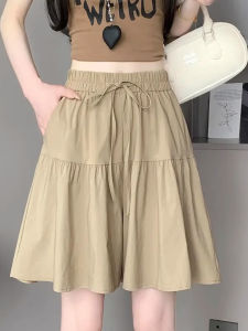 กางเกงขาสั้นผ้าไหมน้ำแข็งไซส์ใหญ่แฟชั่นฤดูร้อนสำหรับผู้หญิง กางเกงขายาวทรงหลวมเอวยางยืด ผ้าฝ้ายผสม ลำลอง สีพื้น