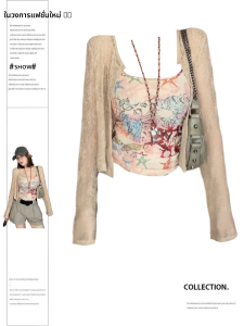 ชุดเสื้อกั๊กแขนกุดพิมพ์ลายวินเทจสไตล์ฝรั่งเศสสำหรับผู้หญิงไซส์ใหญ่ ชุดสองชิ้น แขนยาว คอวี ผ้าฝ้าย ฤดูร้อน 2025