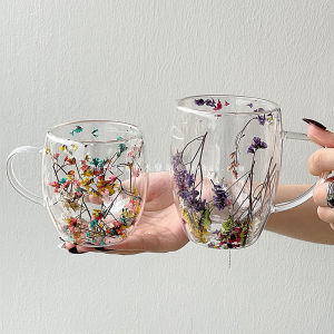 Retro Double Layered Glass Milk Cup with Handle Autumn Starry Sky Atmosphere Sense Creative Design Heat Resistant round Shape Cup