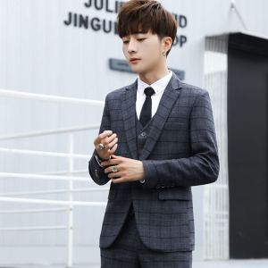 Mens Suit Set Three-Piece Suit Silm Suit Business Student Casual Stripes Groom Wedding Suit Trendy Outwear