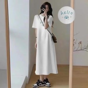 O Neck Short Sleeve Long T-shirt Dress Women Hello Paw Print Loose Casual Midi Dress Soft Home Wear Sleep Dress Multiple Colors