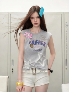 Unifree | Gray Sleeveless Letter Printed Loose Glitter Preppy Style Womens T-shirt
