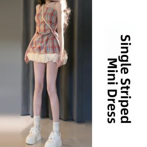 PEIZIXUAN | French Red Checkered Strap Sweet and Spicy Summer New Dress