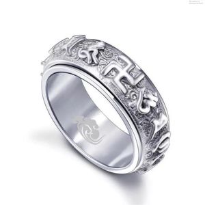Six Words Mantra Money Drawing and Luck Changing Titanium Steel Men Ring Trendy Men Stylish Fancy Single Rotatable Ring Genuine