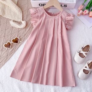 3-7 Years Girls Summer Sleeveless O-Neck Solid Color Fashion Pleated Princess Dress 1 Pc Kids Sweet Casual Clothes