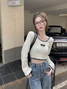 Áo Len Dệt Kim Dài Tay Hở Xương Quai Xanh Cạp Cao Thời Trang Thu Đông Thường Ngày Mềm Mại Ôm Vừa Vặn