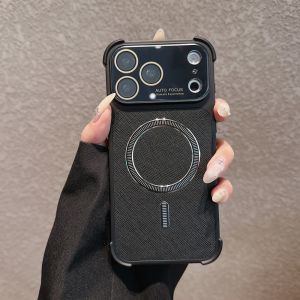 Leather Magnetic For Magsafe Phone Case For iPhone 16 15 14 17 Pro Max Four Corner Airbag Shockproof Lens Protector Film Cover