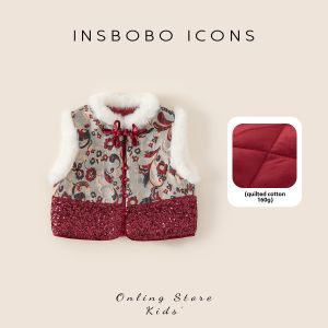 Girls New Year Ceremony Clothes Cotton-Padded Traditional Chinese Vest Winter Birthday Girls Dresses Red Hanfu Childrens Wear