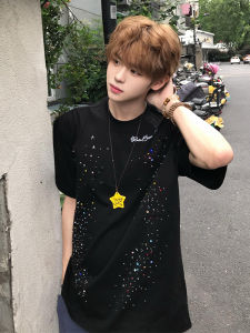 OUMULONG | Black Dazzle Heavy Embroidery Short Sleeve Summer Streetwear T-shirt