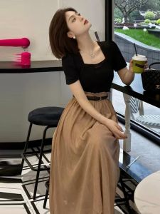 ชุดเดรสยาวทรงเอเอวสูงสไตล์เกาหลี ทรงเข้ารูป แขนสั้น ผ้าโพลีเอสเตอร์ ทรงเข้ารูป ชุดเดรสยาวสไตล์ฤดูร้อน