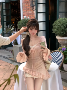 Bộ Váy Hai Mảnh Họa Tiết Hoa Ngọt Ngào Cho Nữ Mùa Xuân Mới Váy Midi Cổ Chữ V Dài Tay Không Tay Áo Khoác Ngoài