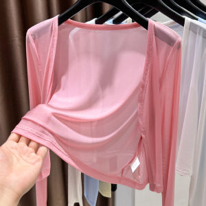 Ice Silk Quick Dry Sun Protection Mesh Cardigan Thin Summer Womens Outerwear with Strap Vest Black Lace Sheer Coat