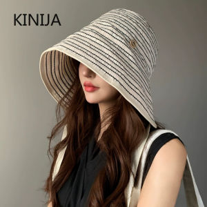 Fashion Ribbon Women Striped Fisherman Hat Wide Brim Foldable Summer Sun Hat Sun Protection Sunshade Hat Ladies Visor Cap Hiking