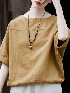 Summer Cotton Linen Loose Short Sleeve Womens T-shirt Pure Color Casual Style round Neck Thinming Effect Comfortable Fit Top