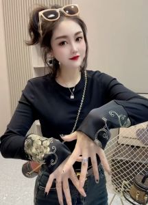 Áo Thun Cotton Dài Tay Thêu Cổ Tròn Dáng Ôm Mùa Thu 2023 Phong Cách Đường Phố Tay Thường Viền Hoa Họa Tiết Sáng Tạo